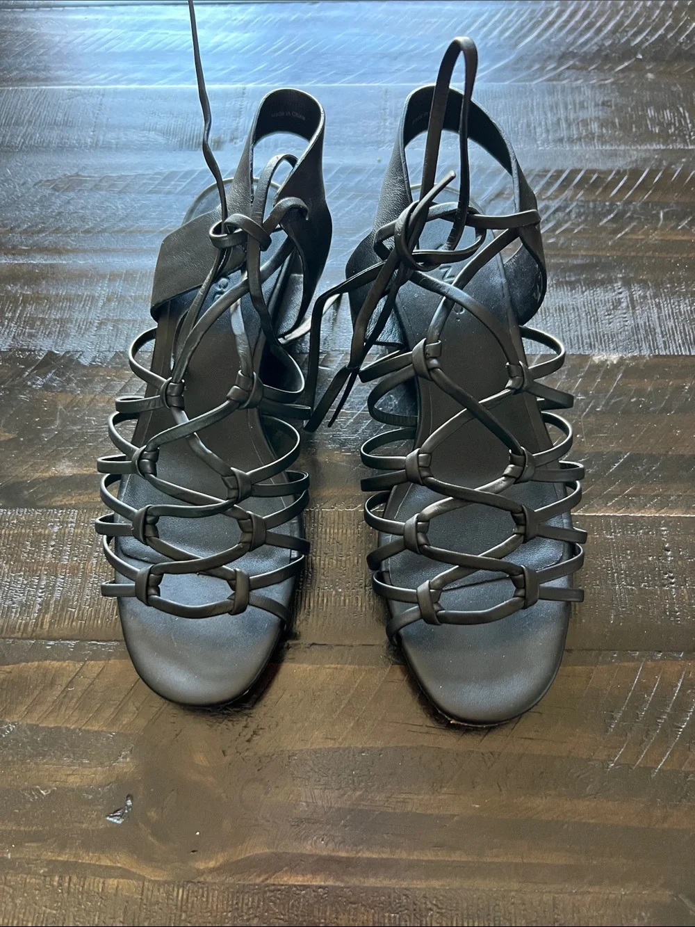 Vince Black Knotted Leather Strappy Sandals with Block Heel